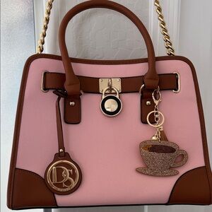 Elegant Pink and Brown Satchel Handbag with Gold Accents